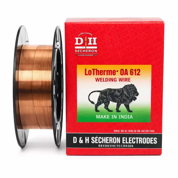 Cuộn dây hàn LoTherme OA 612 đường kính 2.8mm màu đồng trên cuộn nhựa đen, kèm hộp đỏ thương hiệu Secheron India, dùng cho hàn đắp chống mài mòn và chịu nhiệt độ cao